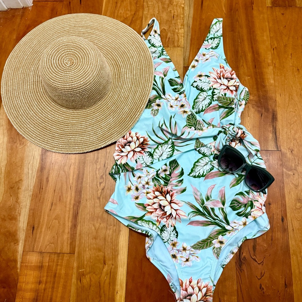 Kona Sol Light Blue Floral Swimsuit
